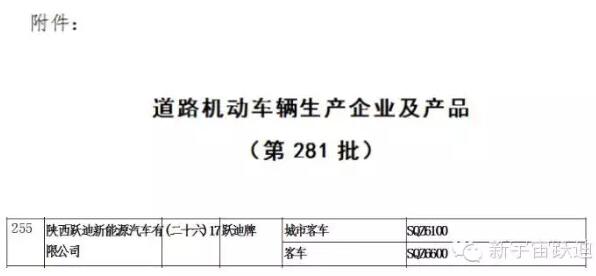 熱烈祝賀躍迪集團旗下陜西躍迪公司SQZ6600KA、SQZ6100NG車型正式列入工信部產品公告目錄（第281批）